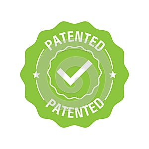 Patented label or sticker. Patent stamp badge icon vector, successfully patented licensed label isolated tag with check