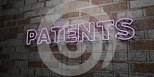 PATENTS - Glowing Neon Sign on stonework wall - 3D rendered royalty free stock illustration photo