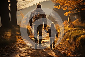 Paternal guidance, man assists childs cycling progress, rearward perspective photo