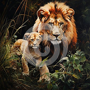 A paternal lion with its lion cub in the grass