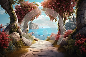 Path along the Beach to the Sea, at the End of the Arch with Flowers Overlooking the Sea, Generative AI