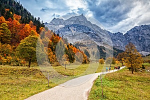 Path through autumn mountain landscape in the Alps, Engalm, Austria, Tirol