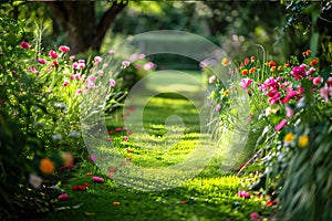 Path between beds of colorful flowers green with green grass in the garden. Flowering flowers, a symbol of spring, new life
