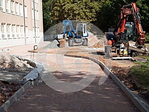 Path is being rebuilt. Path construction, landscaping