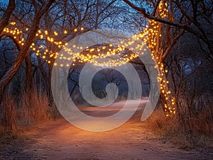 a path in the bush with fairy lights