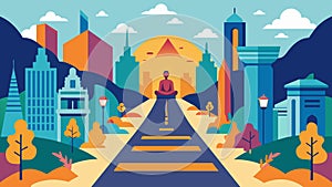 A path through a bustling city with street art depicting stoic lessons and mantras.. Vector illustration. photo