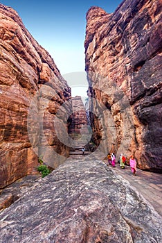 Path through cliffs, Entrance archway for lower and upper Shivalaya in Badami, Karnataka, INDIA