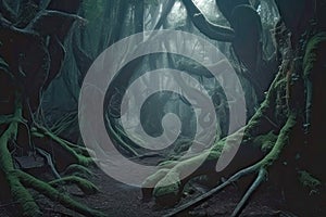 Path in dark misty fairy tale forest. Generative AI illustration
