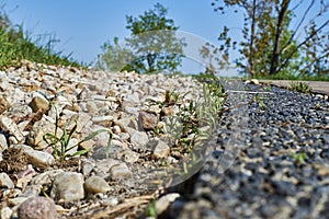 Path delimitation made of pebbles as a drain for rainwater next to a footpath in nature