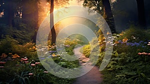 Path through enchanting fairytale deep forest view with beautiful heavenly sunset. AI Generative