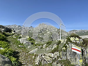 The Path of Energy der Pfad der Energie in the Gotthard wind farm or Windpark St. Gotthard and in the alpine mountainous