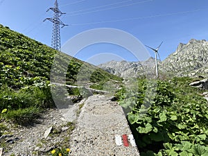 The Path of Energy der Pfad der Energie in the Gotthard wind farm or Windpark St. Gotthard and in the alpine mountainous