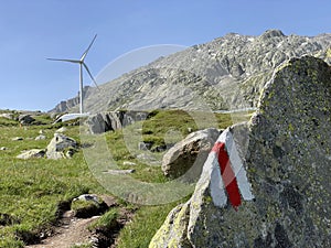 The Path of Energy der Pfad der Energie in the Gotthard wind farm or Windpark St. Gotthard and in the alpine mountainous