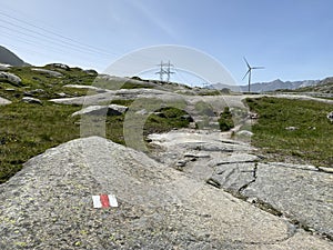 The Path of Energy der Pfad der Energie in the Gotthard wind farm or Windpark St. Gotthard and in the alpine mountainous