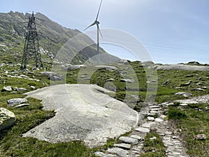 The Path of Energy der Pfad der Energie in the Gotthard wind farm or Windpark St. Gotthard and in the alpine mountainous