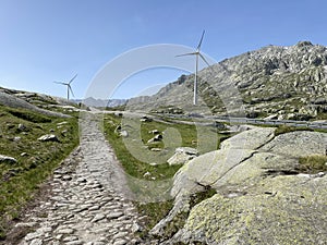 The Path of Energy der Pfad der Energie in the Gotthard wind farm or Windpark St. Gotthard and in the alpine mountainous