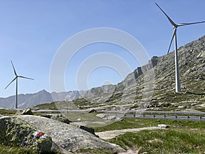 The Path of Energy der Pfad der Energie in the Gotthard wind farm or Windpark St. Gotthard and in the alpine mountainous