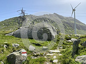 The Path of Energy der Pfad der Energie in the Gotthard wind farm or Windpark St. Gotthard and in the alpine mountainous