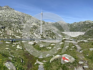 The Path of Energy der Pfad der Energie in the Gotthard wind farm or Windpark St. Gotthard and in the alpine mountainous