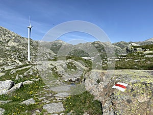 The Path of Energy der Pfad der Energie in the Gotthard wind farm or Windpark St. Gotthard and in the alpine mountainous