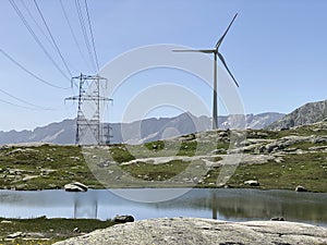 The Path of Energy der Pfad der Energie in the Gotthard wind farm or Windpark St. Gotthard and in the alpine mountainous