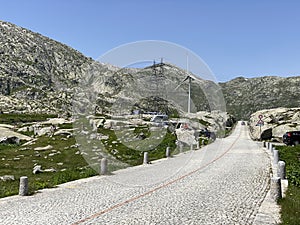 The Path of Energy der Pfad der Energie in the Gotthard wind farm or Windpark St. Gotthard and in the alpine mountainous