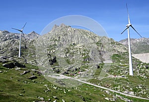 The Path of Energy der Pfad der Energie in the Gotthard wind farm or Windpark St. Gotthard and in the alpine mountainous