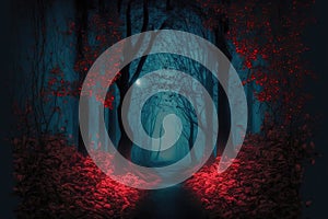 Path through a foggy, dark forest in the fall at night