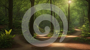 A Path Through A Forest With A Bright Light Shining Through The Trees