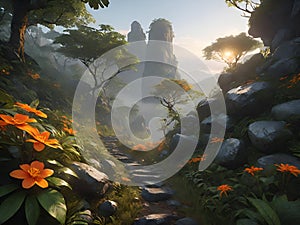 The path in the forest is full of rocks on the high mountains