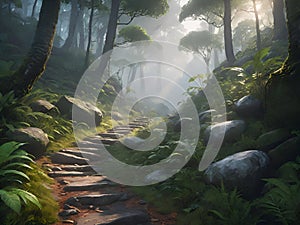 The path in the forest is full of rocks on the high mountains