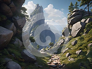 The path in the forest is full of rocks on the high mountains