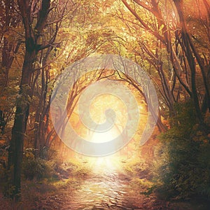 A path through a forest with a large archway in the middle