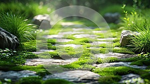 A path through a forest with a rock wall on the side