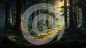 Enchanting Forest Path: Detailed Illustration In The Style Of Raphael Lacoste photo