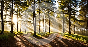 A path through a forest with tall trees on either side.