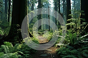 a path through a forest with tall trees and ferns