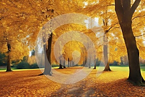 A path through a forest of trees with leaves on the ground