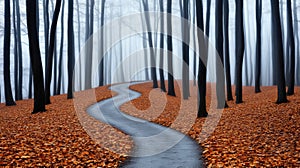 A path through a forest with trees and leaves on the ground, AI