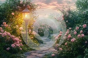 Path through a garden with a lighted lantern on the side