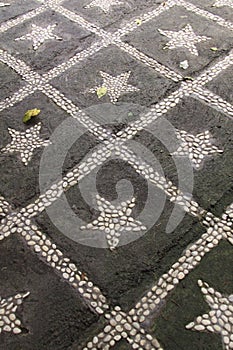 Path in the garden, made of black and white stones in cement with fallen leaves texture background