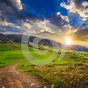 Path on hillside meadow in mountain at sunset