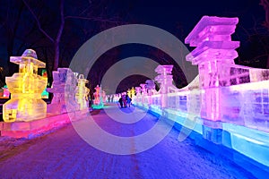 The path of ice sculpture in the park nightscape