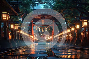 A path with lanterns and a moon in the sky
