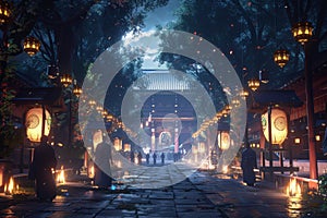 A path with lanterns and a moon in the sky
