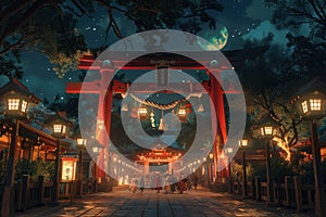 A path with lanterns and a moon in the sky