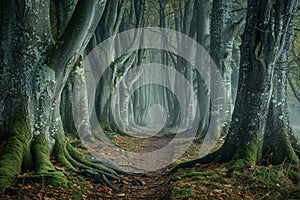 A path leading through an ancient forest of towering beech trees.