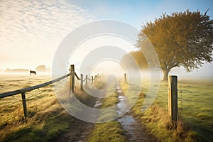 path leading into fogcovered pastureland