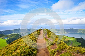 A path leading to viewpoint Miradouro da Boca do Inferno in Sao Miguel Island, Azores, Portugal. Amazing crater lakes surrounded