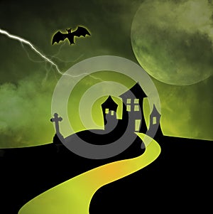 A path leads to a haunted house silhouetted  against a stormy green sky